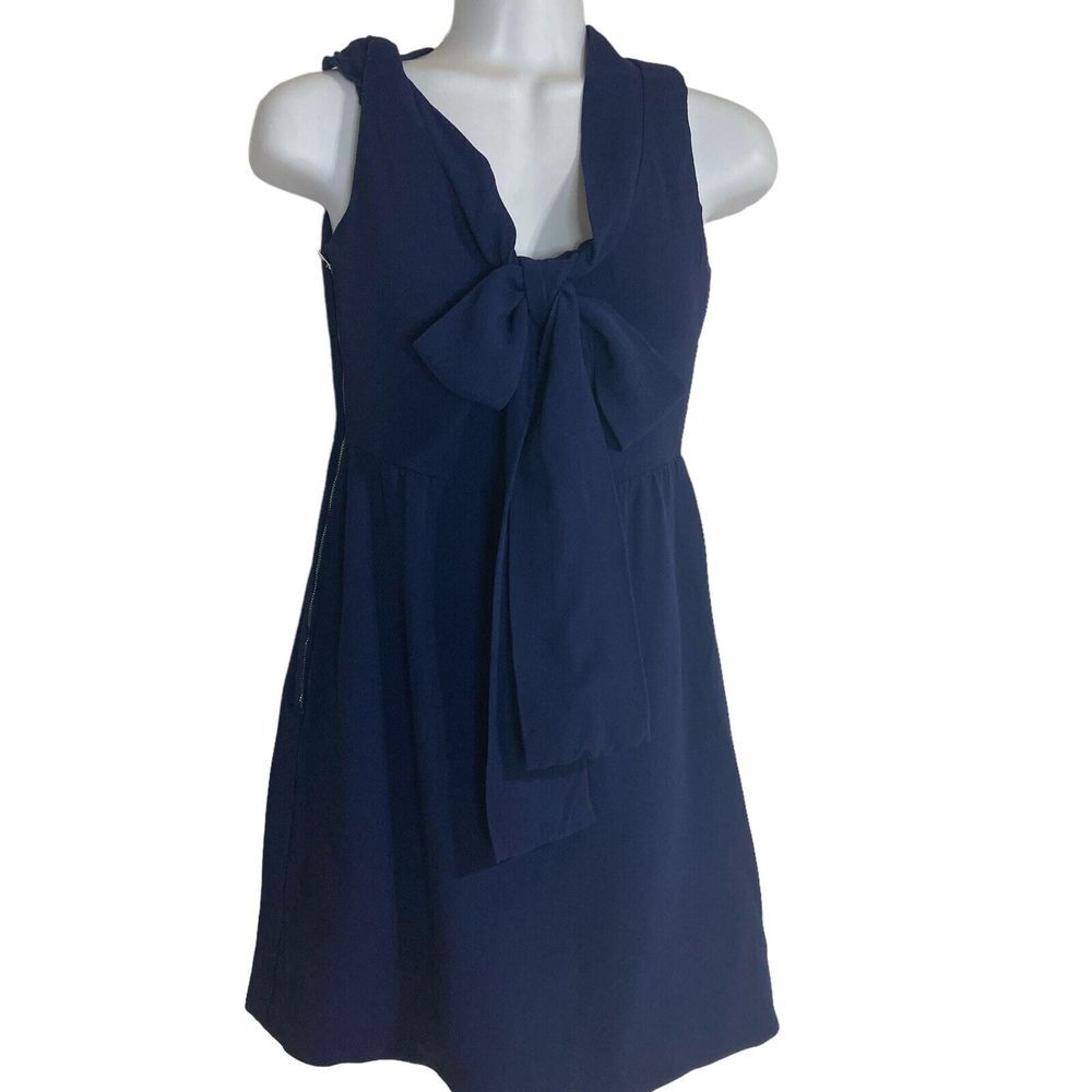 Navy Blue Lined 1970s Mini Dress Fits‎ Small Scarf Collar Long Straps Vintage